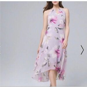White House Black Market High Low Floral Halter Dress in Cool Wisteria Ecru